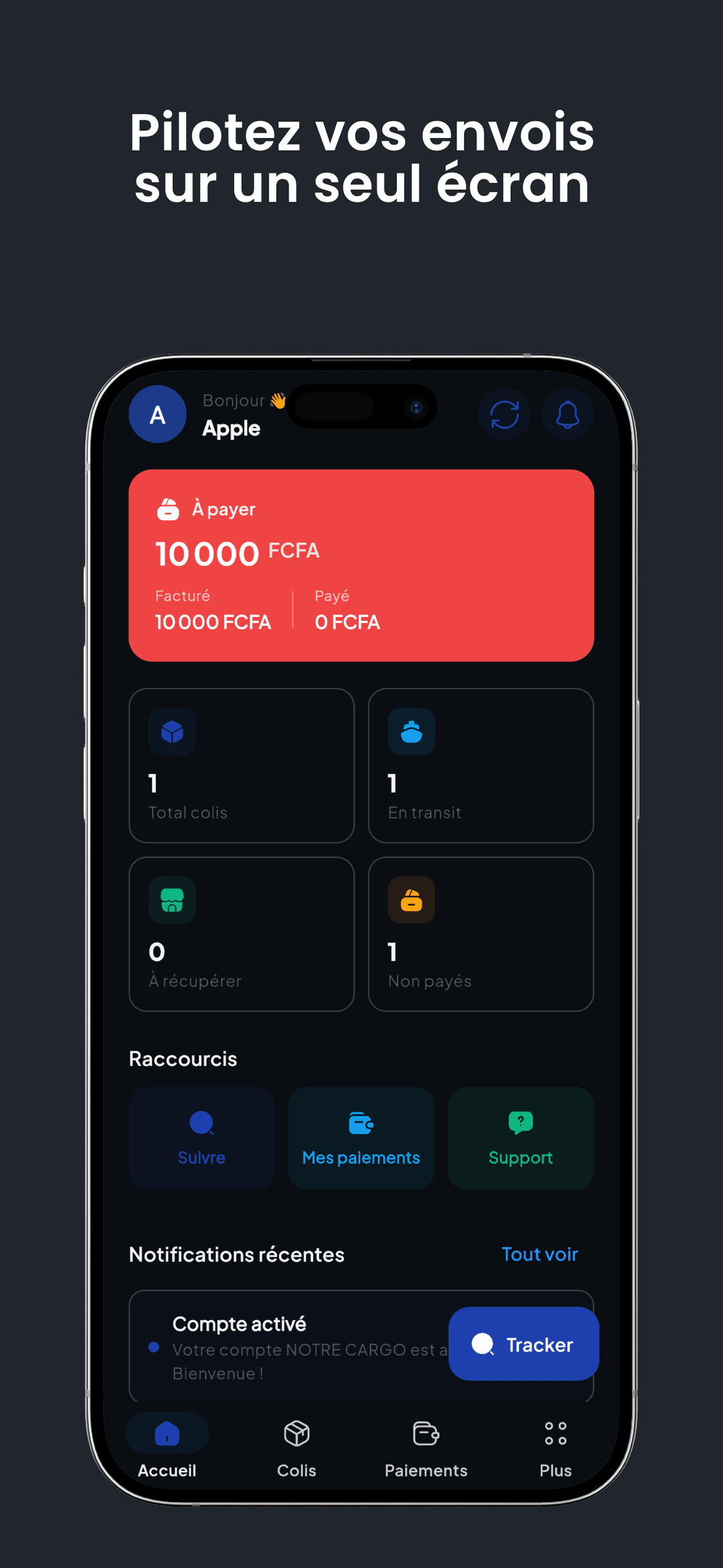Aperçu de l'application NOTRE CARGO — tableau de bord